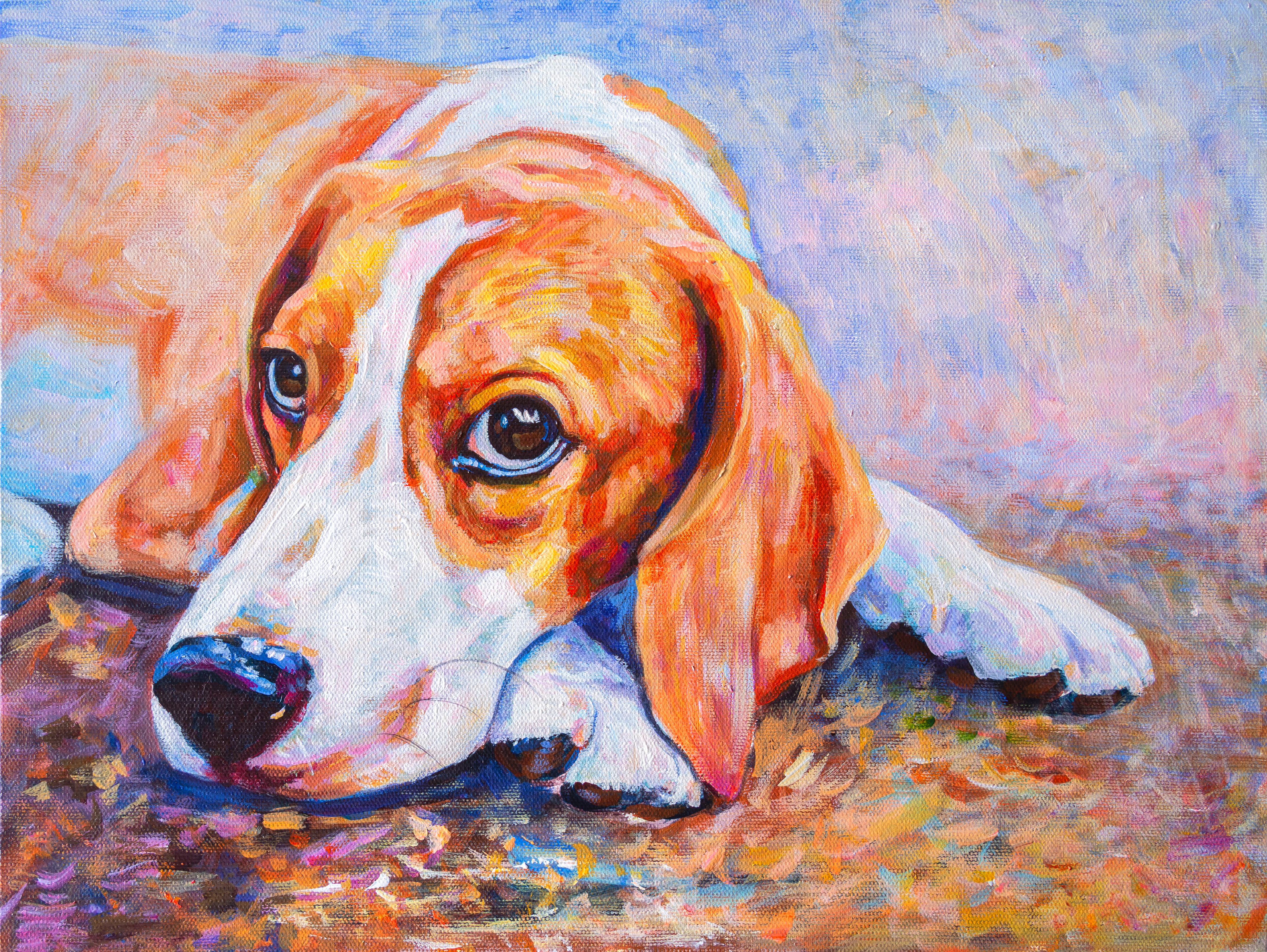 Acrylic color painting of a beagle dog lying on the ground on canvas.  Previously downloaded S M L XL 4377 x 3288 px (14.59 x 10.96 in.) - 300 dpi - RGB You’ve downloaded this photo before, so you won’t be charged again. Re-download for free By clicking “