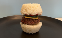 dog hamburger made of rice buns, a beef patty, a slice of cheese, a slice of cucumber, and a slice of strawberry