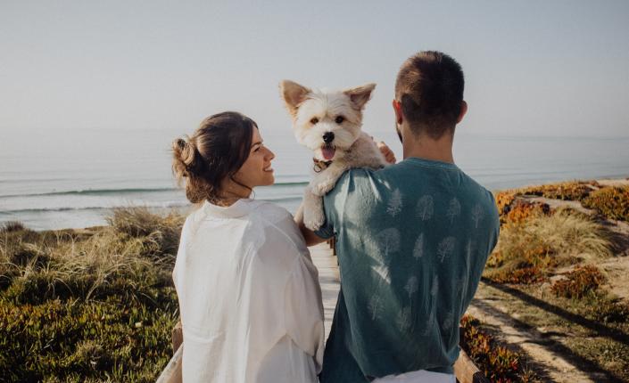 couple stands on beach with small dog in their arms